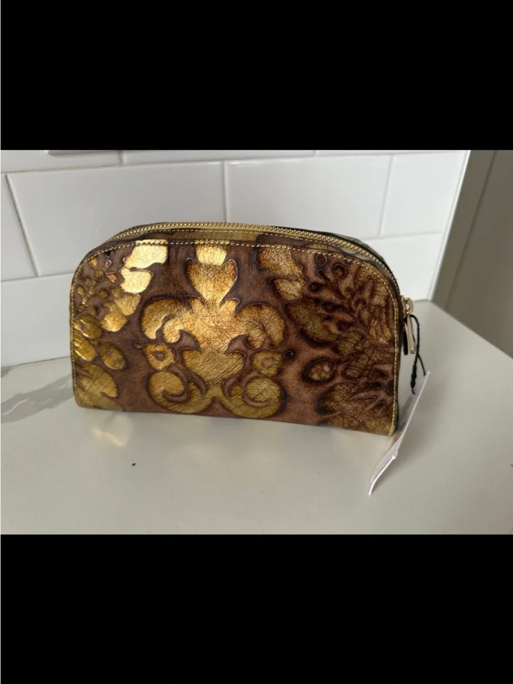 Brahmin Dany Gold and Brown Floral Embossed Leather Pouch